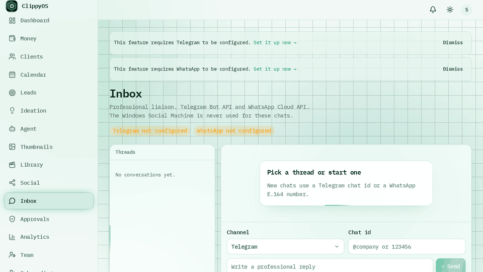Inbox — Telegram, WhatsApp, and Discord liaison